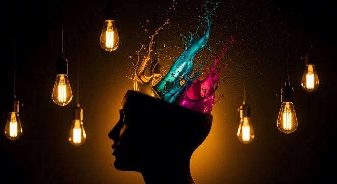 A creative mind bursting with colorful paint and surrounded by glowing lightbulbs.