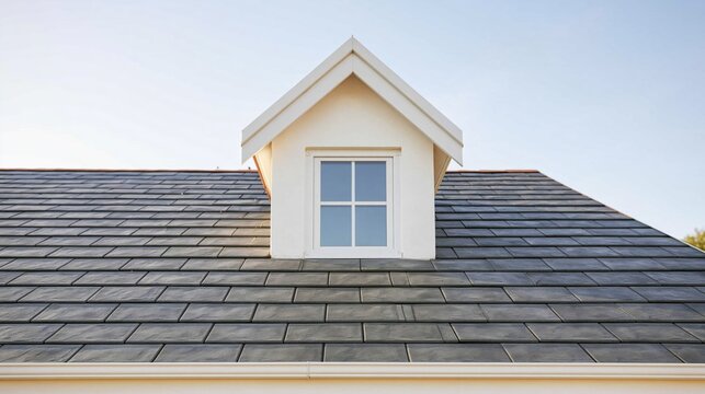 Dormer window on a modern suburban house roof with gray tiles under a clear blue sky, architecture and residential design
