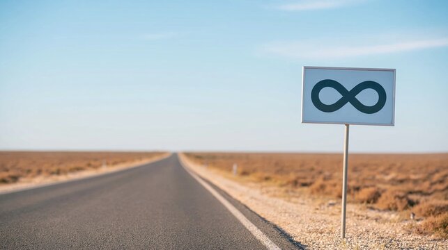 Infinity symbol on road sign indicating endless journey on long desert highway under clear sky