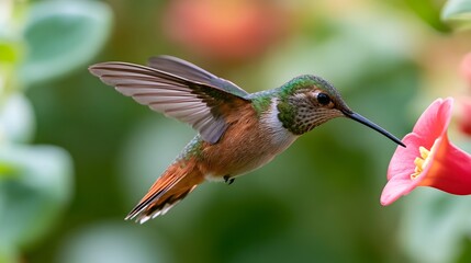 Fototapeta premium A hummingbird hovers near a pink flower wings blurred in motion against soft green foliage