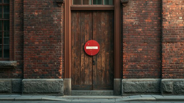 Wooden door with no entry sign on a weathered brick wall, symbolizing restriction and prohibition