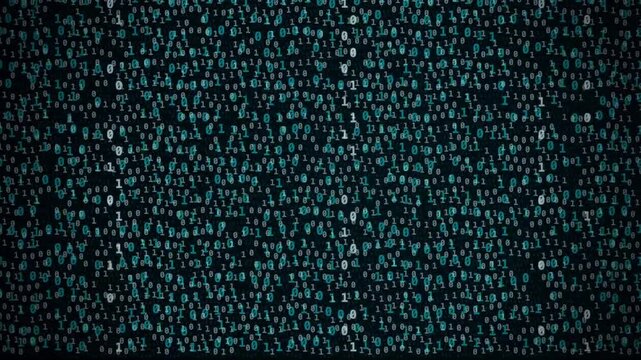 Binary digits streaming across a dark digital background with layered cyan and white data movement