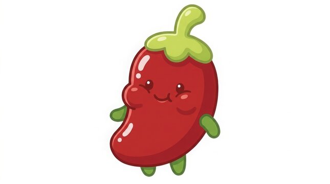Food Character - Cute Kawaii Red Chili Pepper Cartoon Mascot with Smiling Face and Green Stem