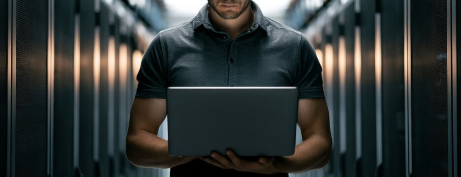 Man technician holding a laptop in a server room with dramatic lighting  