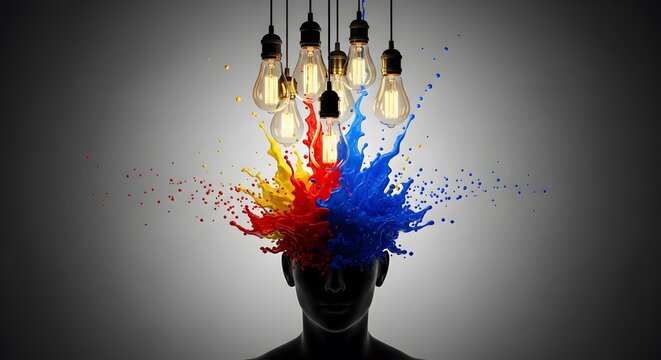 A silhouette head exploding with colorful paint splatters beneath glowing light bulbs.