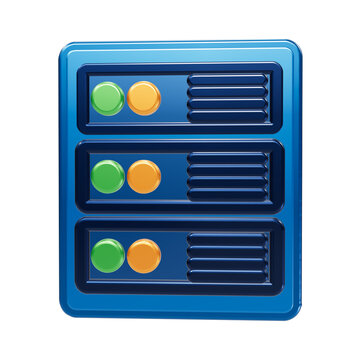 Blue server rack with three rows of green and orange status indicators and horizontal vents