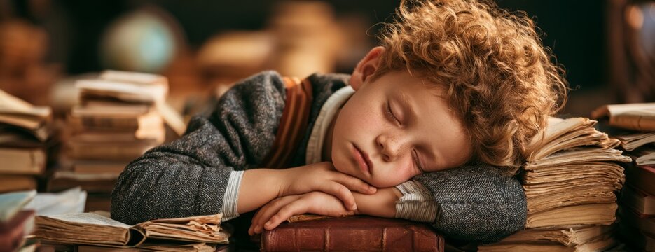 Tired child boy sleeping on books in classroom after long study session  