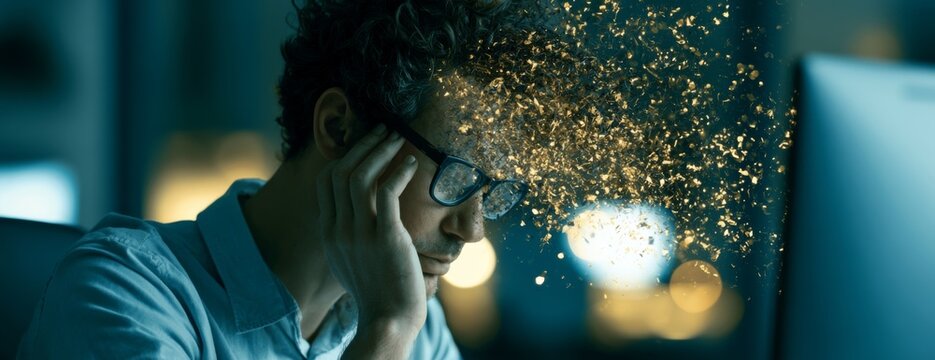 Office worker man sits in front of a computer, face disintegrating into particles  