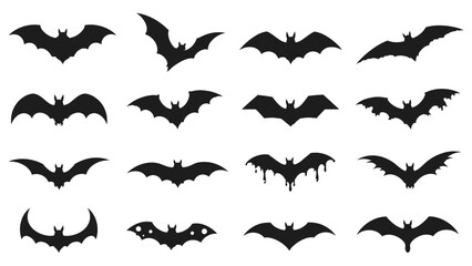Fototapeta premium A spooky collection of black halloween bat silhouettes in various flying poses, some with a dripping effect, isolated on a clean white background / transparent, ideal for eerie graphic design - Vector
