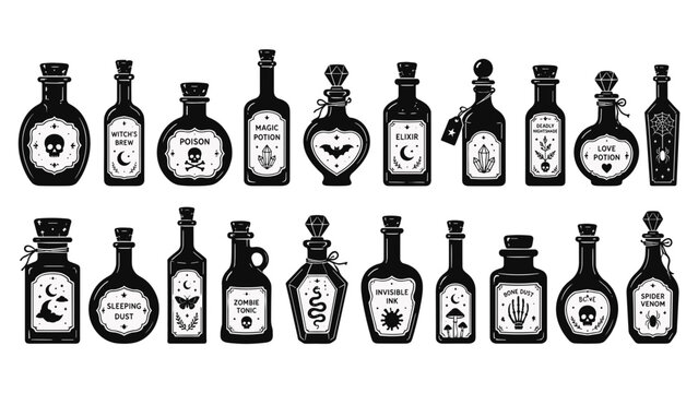 A set of black silhouette halloween potion bottles, featuring diverse shapes and spooky labels with iconic symbols like skulls, moons, and snakes, isolated white / transparent - vector 
