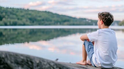 Fototapeta premium Young boy sitting barefoot at lake's edge, contemplating tranquil sunset over water, reflecting on nature's beauty