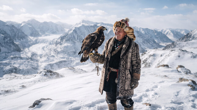 Smiling Mongolian berkutchi eagle hunter holding golden eagle on hand with snowy Altai mountains background