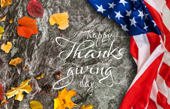 Happy Thanksgiving. American flag on gray background