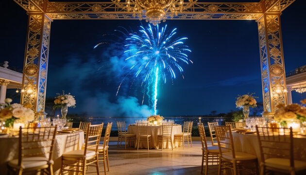Bursting bright blue fireworks lighting ornate pavilion at night, highlighting gold chiavari chairs