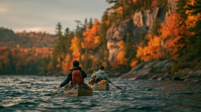 Adventurers paddling canoe on lake toward vibrant autumn forest, exploring tranquil wilderness scenery