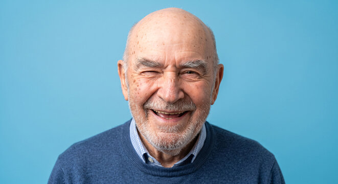 Portrait of genuinely smiling and winking senior man on blue background