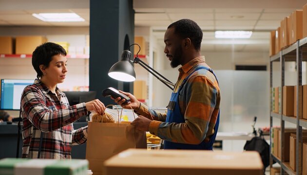Holding reader, clerk in blue apron processing card as customer in plaid bagging baguettes at till