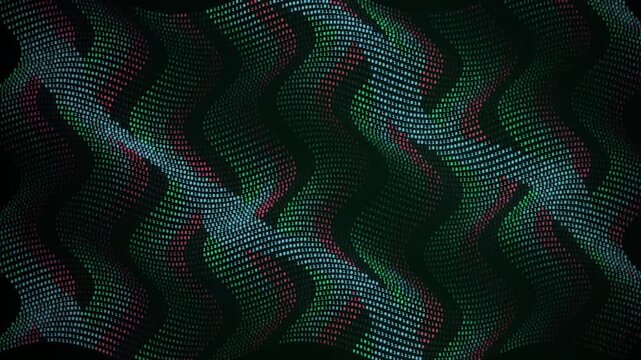 Binary code flowing in colorful waves across a dark abstract digital background