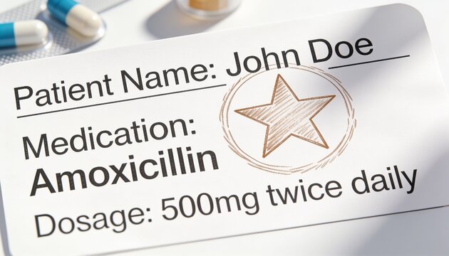 Showing prescription card with sketched star on white table in clinic with blue-and-white capsules