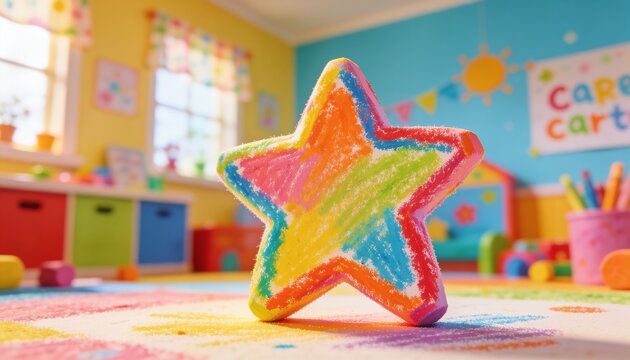Displaying star-shaped crayon toy sitting on colorful playroom rug, with cubby bins and crayon cup