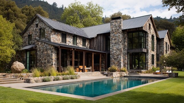 Modern stone-and-glass mansion with expansive outdoor pool surrounded by lush greenery and tranquil forest backdrop, perfect for luxury home concept