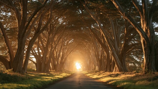 Country road passing through a natural cypress tree tunnel, bright light glowing at end of the path