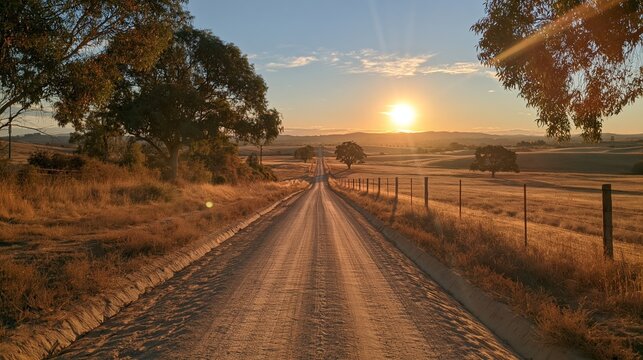 Dusty country road vanishing into a golden sunset horizon, dry rural fields and trees lining the path