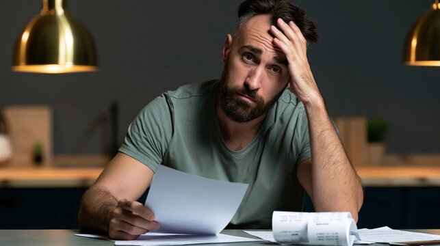 Worried man sitting at a kitchen table, holding papers and receipts, struggling with home finance and budgeting