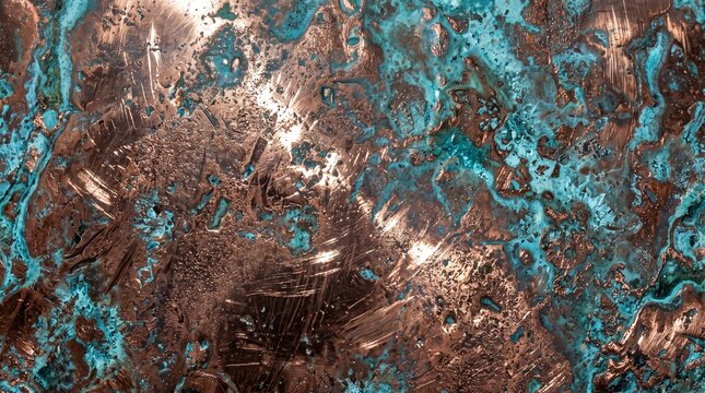 Abstract texture of oxidized copper metal surface with turquoise patina and shiny bronze scratches