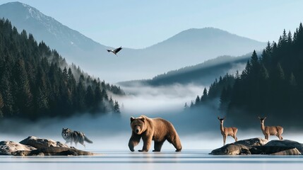 Fototapeta premium Wild animals gathering on a misty mountain plain, brown bear leading with wolf, deer, and flying eagle