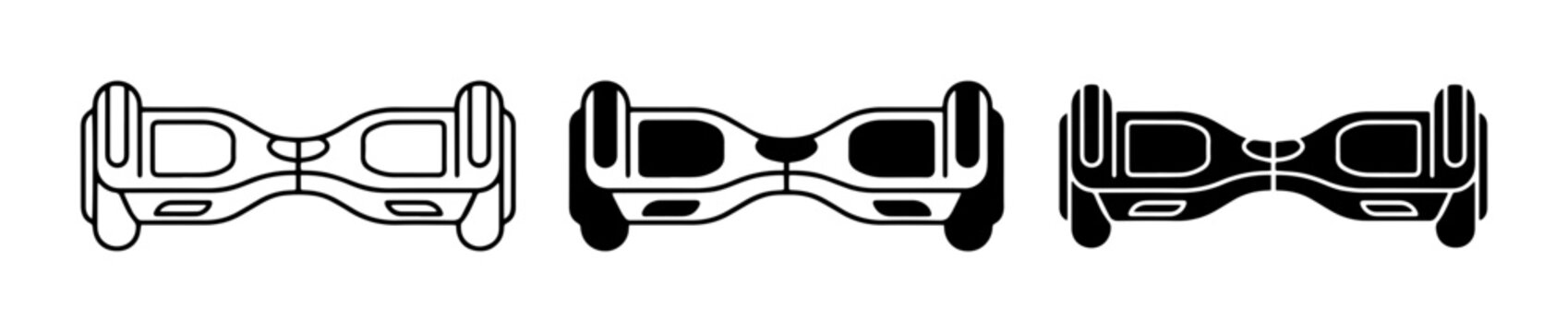 Three Hoverboards, Vector Icons, Personal Electric Transport, Modern Mobility Devices, Black and White Line Art