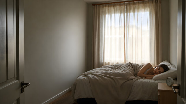 A serene morning scene unfolds as soft sunlight streams through sheer curtains, gently illuminating a woman peacefully sleeping in her comfortable bed, embracing the quiet start to a new day