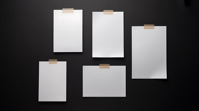 Five blank white sheets of paper taped to a dark gray textured wall surface