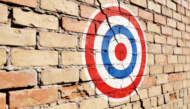 Displaying painted concentric target cracked through exterior brick wall, showing sunlit chips