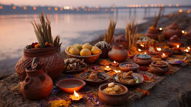 Sacred ritual offerings laid out on a rustic stone table by the serene twilight waters, evoking spiritual devotion and cultural heritage