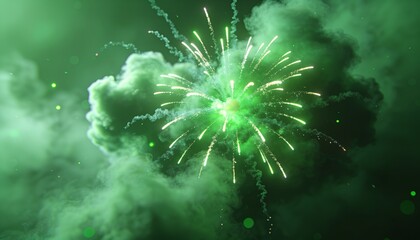 Fototapeta premium Exploding centered green firework burst sending bright trails across night sky, with smoke plumes
