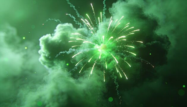 Exploding centered green firework burst sending bright trails across night sky, with smoke plumes