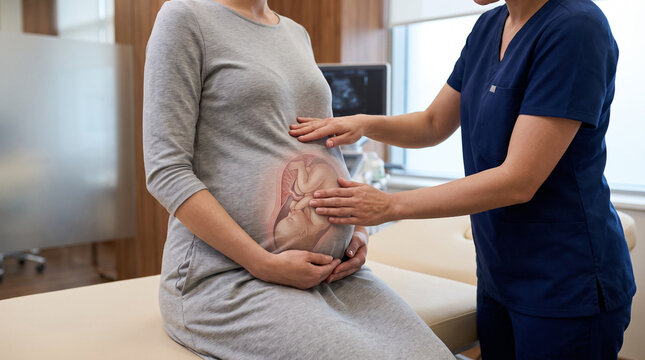 Doctor Examining Pregnant Woman With Fetal Anatomy and Pregnancy Abdominal Overlay