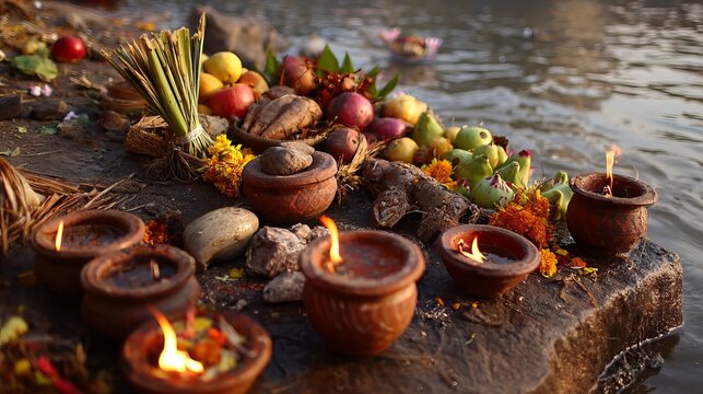 Golden ritual cups with glowing flames and sacred offerings placed along a reflective riverbank at dawn, evoking spiritual purity and cultural reverence