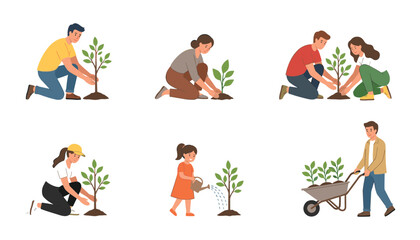 Fototapeta premium People planting young trees and watering saplings eco volunteering ecology flat characters set isolated on white background vector