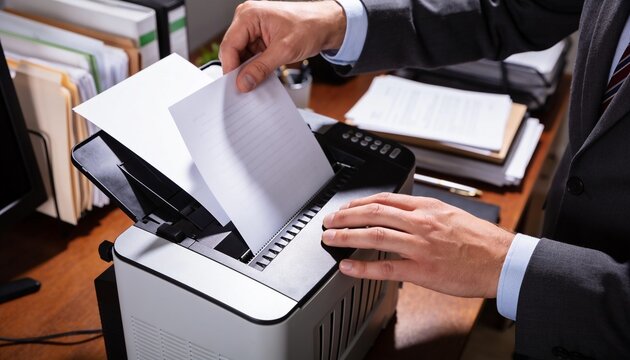 Placing man in dark suit aligning sheet into office laser printer feeder, with manila folders