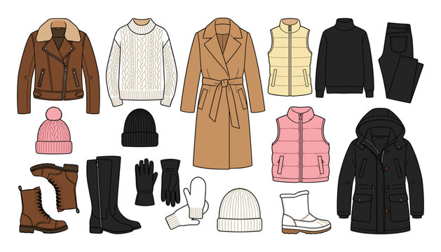 Winter and autumn clothes collection with outerwear warm sweaters coats jackets and boots isolated on white background vector