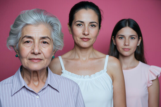 Portrait of senior woman with middle aged woman and teenager girl facing camera, representing three generations. Useful for family legacy, womens health, aging, caregiving marketing