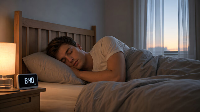 Peaceful young man sleeping in bed during sunrise with digital clock on nightstand