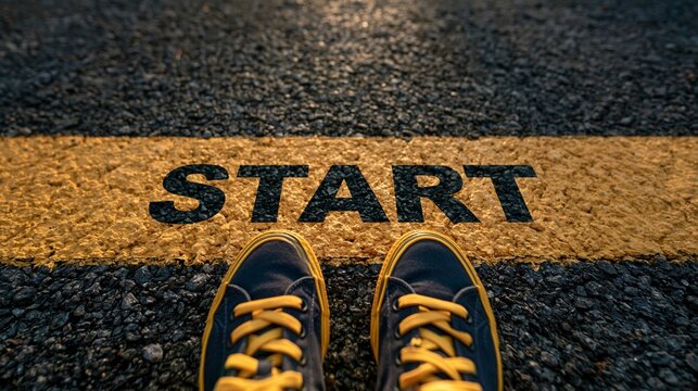 Person standing at starting line on asphalt road, ready for new beginning and future journey