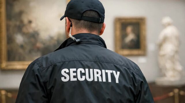 A security guard wearing a vest and cap stands inside a museum gallery with art on the walls.