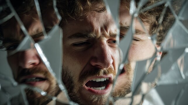 Intense psychological reflection captured through fractured glass mirrors revealing distorted expressions of fear and tension in a moody indoor setting