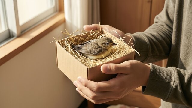 Animal - Asian person holding a small rescued bird in a makeshift nest box