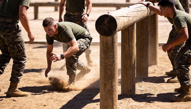 Crouching military trainee ducking under low beam on dusty range, team spotting in olive tees
