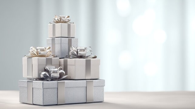 Elegant stacked gift boxes with metallic silver bows, textured wrapping paper, and soft light diffused background for corporate holiday packaging concept